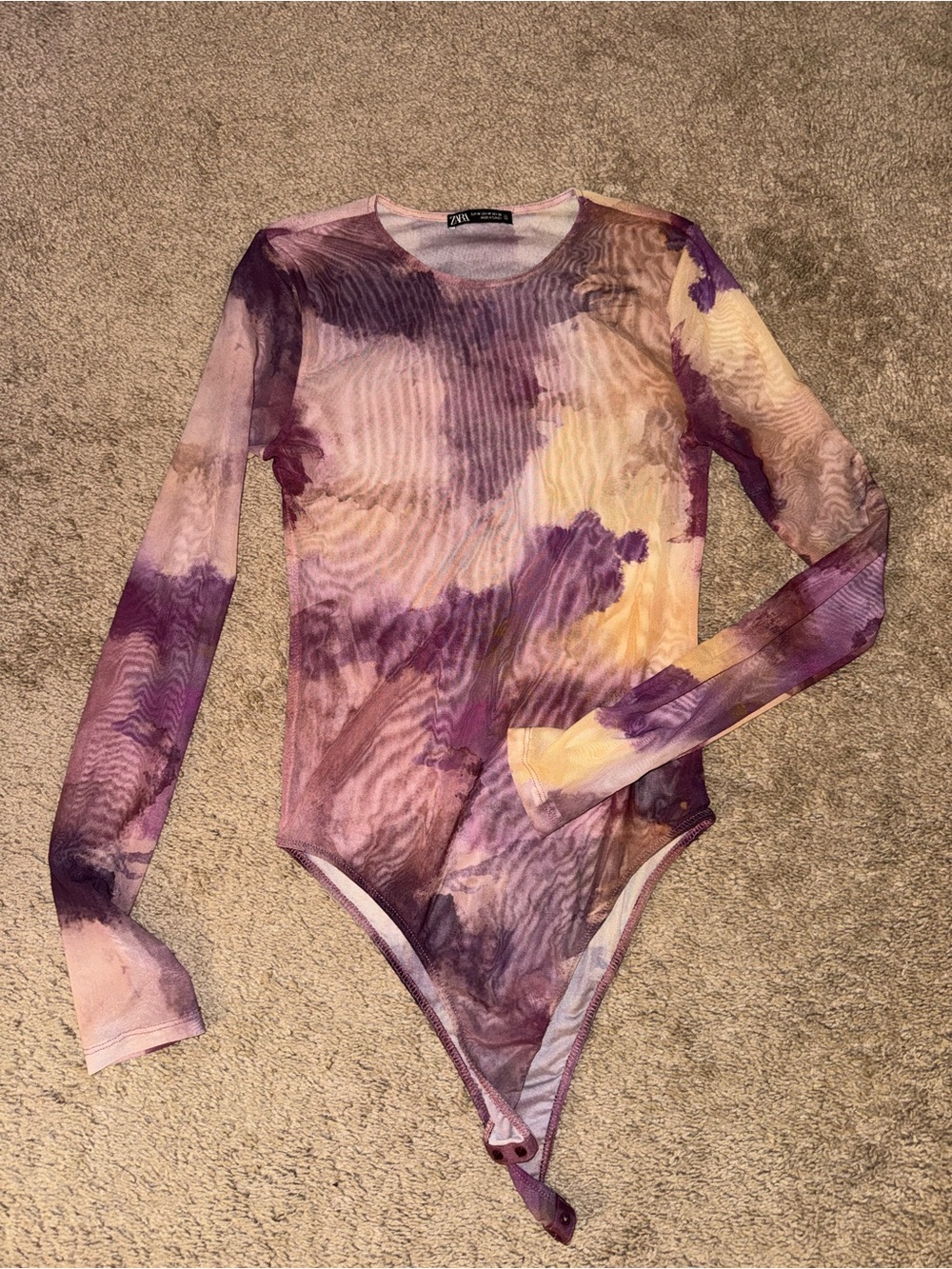 Zara Pink and Purple Tie-Dye Sheer Long Sleeve Bodysuit